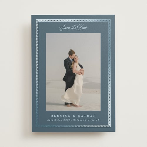 This is a lagoon foil stamped save the date cards with foil pressed by Deynaaz Daraei called ahlum printing on recycled smooth signature in standard