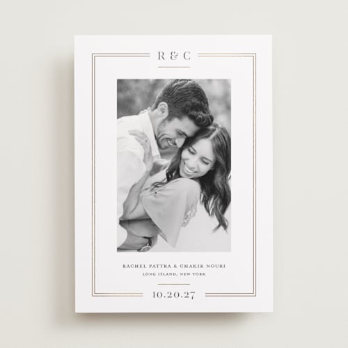 This is a mocha foil stamped save the date cards with foil pressed by Meagan Christensen called alcott printing on recycled smooth signature in standard