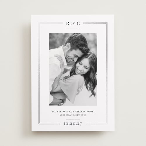 This is a midnight foil stamped save the date cards with foil pressed by Meagan Christensen called alcott printing on recycled smooth signature in standard
