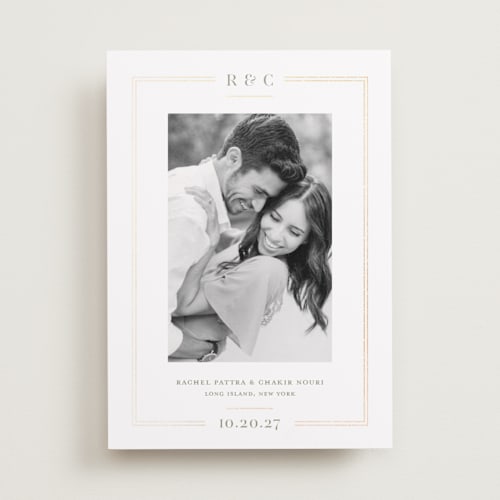 This is a sage foil stamped save the date cards with foil pressed by Meagan Christensen called alcott printing on recycled smooth signature in standard