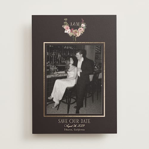 This is a blush foil stamped save the date cards with foil pressed by Susan Moyal called flouriishing printing on recycled smooth signature in standard