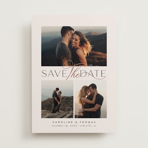 This is a chalk foil stamped save the date cards with foil pressed by Jessica Williams called flourished printing on recycled smooth signature in standard