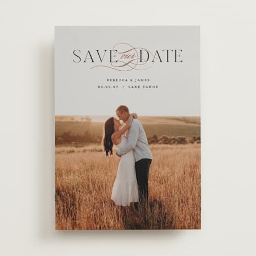 This is a noir foil stamped save the date cards with foil pressed by Pixel and Hank called melody printing on recycled smooth signature in standard
