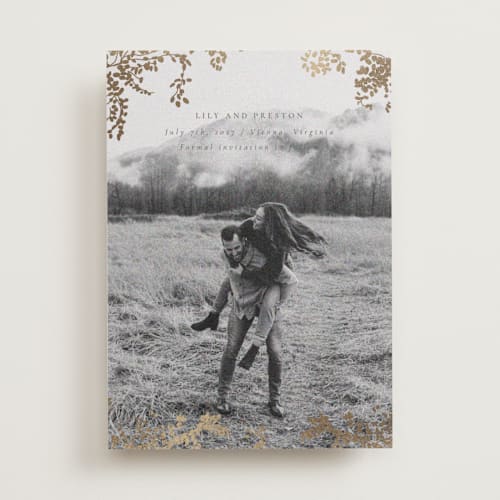 This is a charcoal foil stamped save the date cards with foil pressed by Design Lotus called forever and a day printing on recycled smooth signature in standard