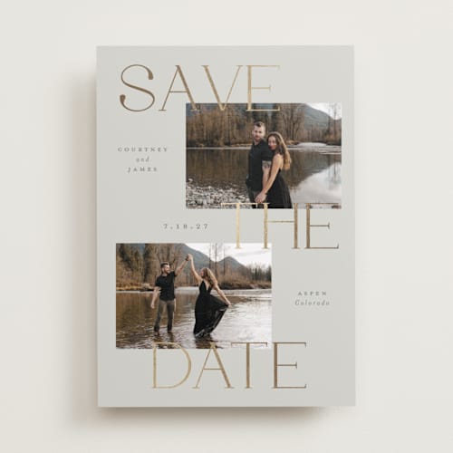 This is a almond foil stamped save the date cards with foil pressed by Emily Betts called stacked printing on recycled smooth signature in standard