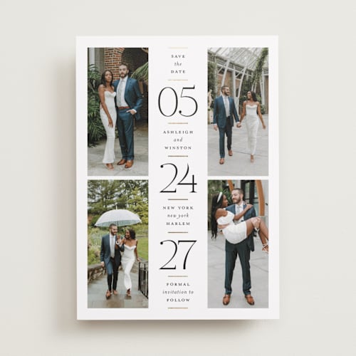 This is a opal foil stamped save the date cards with foil pressed by Heather Schertzer called formal date printing on recycled smooth signature in standard