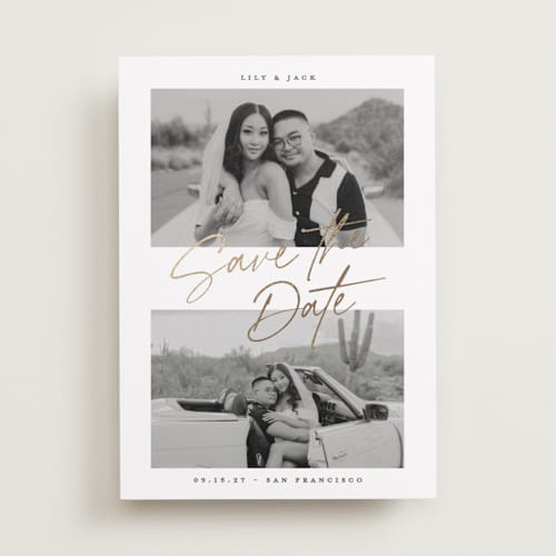 This is a lily foil stamped save the date cards with foil pressed by Creo Study called contemporary classic printing on recycled smooth signature in standard