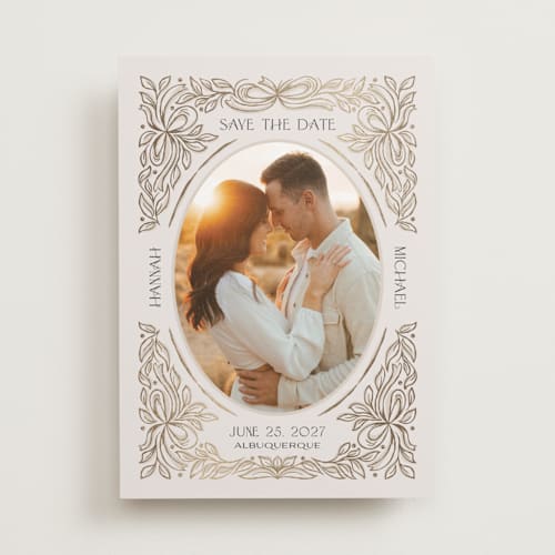 This is a cream foil stamped save the date cards with foil pressed by Paper Sun Studio called cameo printing on recycled smooth signature in standard