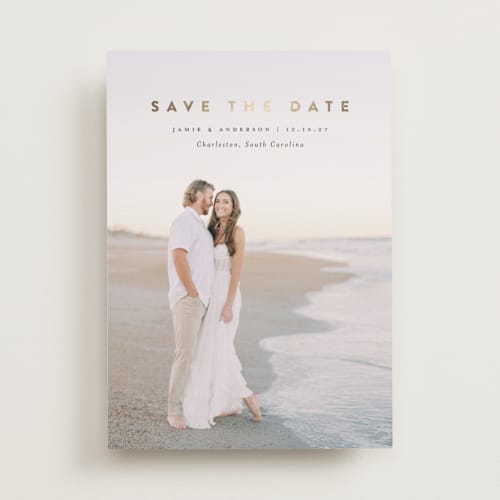 This is a ink foil stamped save the date cards with foil pressed by Laura Hamm called simple printing on recycled smooth signature in standard