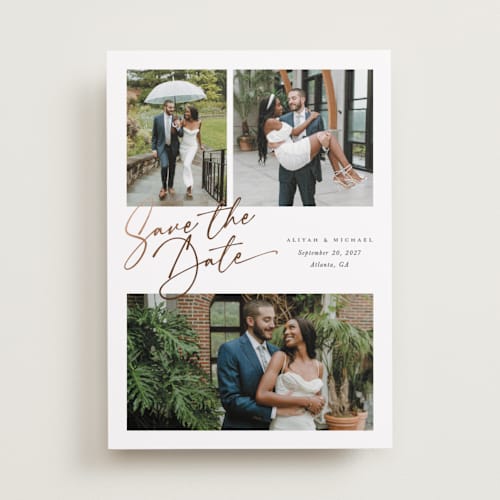 This is a pearl foil stamped save the date cards with foil pressed by Melanie Kosuge called three printing on recycled smooth signature in standard