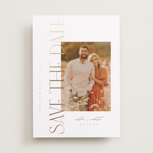 This is a golden foil stamped save the date cards with foil pressed by Kelly Schmidt called sideways printing on recycled smooth signature in standard