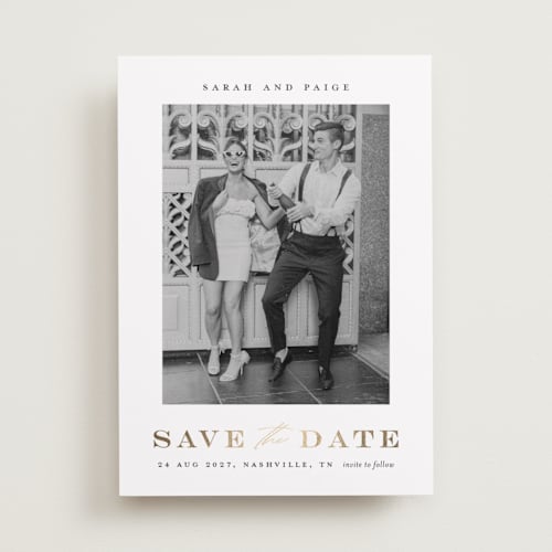 This is a midnight foil stamped save the date cards with foil pressed by Stacey Meacham called classic charm printing on recycled smooth signature in standard