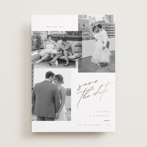 This is a cognac foil stamped save the date cards with foil pressed by Kristie Kern called forte printing on recycled smooth signature in standard