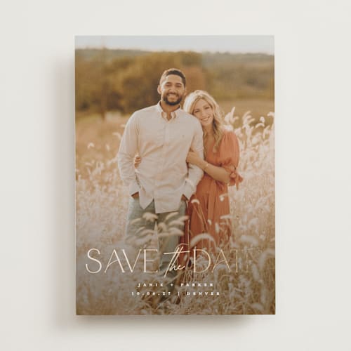 This is a pearl foil stamped save the date cards with foil pressed by Jessica Corliss called simple elegance printing on recycled smooth signature in standard