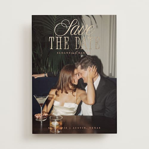 This is a camel foil stamped save the date cards with foil pressed by Maria Alou called his & hers printing on recycled smooth signature in standard