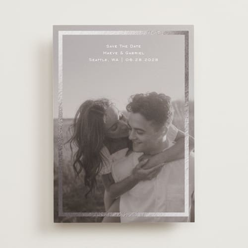 This is a quartz foil stamped save the date cards with foil pressed by Jenny Millington called boxed in printing on recycled smooth signature in standard