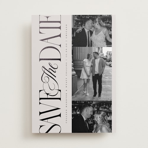 This is a stone foil stamped save the date cards with foil pressed by Laura Hankins called sideline printing on recycled smooth signature in standard