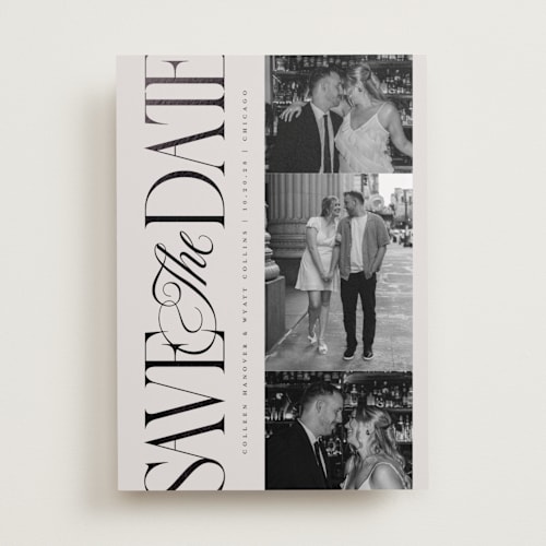 This is a stone foil stamped save the date cards with foil pressed by Laura Hankins called sideline printing on recycled smooth signature in standard