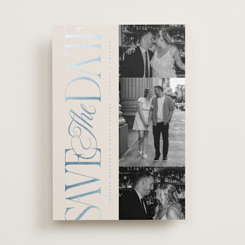 This is a sky foil stamped save the date cards with foil pressed by Laura Hankins called sideline printing on recycled smooth signature in standard