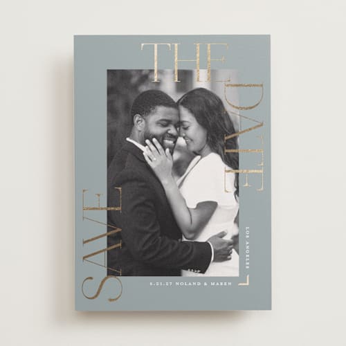 This is a pebble foil stamped save the date cards with foil pressed by Susan Zinader called picturesque printing on recycled smooth signature in standard
