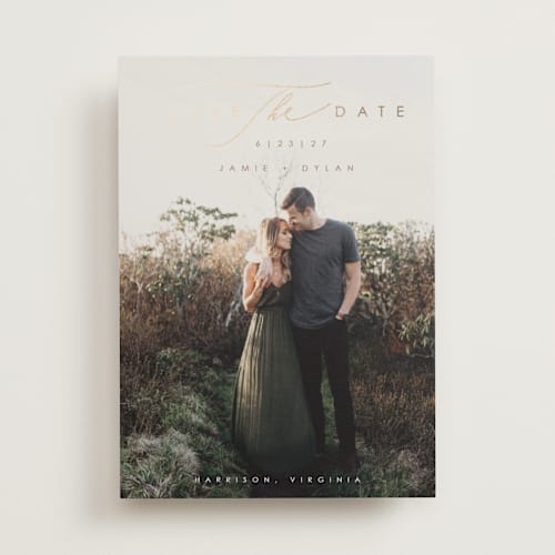 This is a wheat foil stamped save the date cards with foil pressed by Hannah Williams called simply classic printing on recycled smooth signature in standard