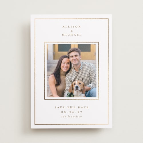 This is a air foil stamped save the date cards with foil pressed by Jennifer Holbrook called classic line printing on recycled smooth signature in standard