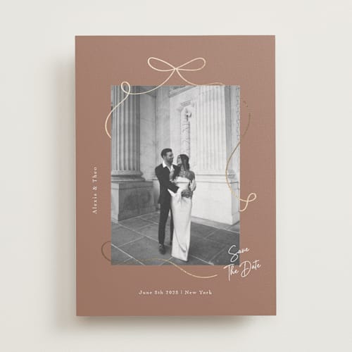 This is a coffee foil stamped save the date cards with foil pressed by Elly called gentle bow printing on recycled smooth signature in standard