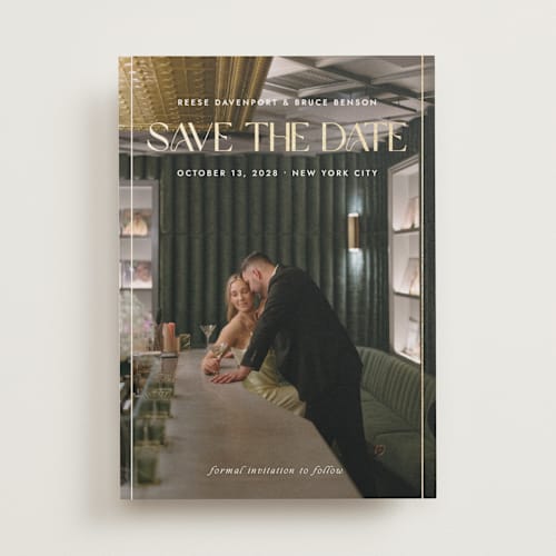 This is a cloud foil stamped save the date cards with foil pressed by Paula Pecevich called cover editorial printing on recycled smooth signature in standard