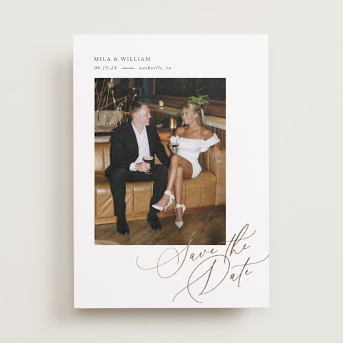 This is a pearl foil stamped save the date cards with foil pressed by Melanie Kosuge called side swept printing on recycled smooth signature in standard