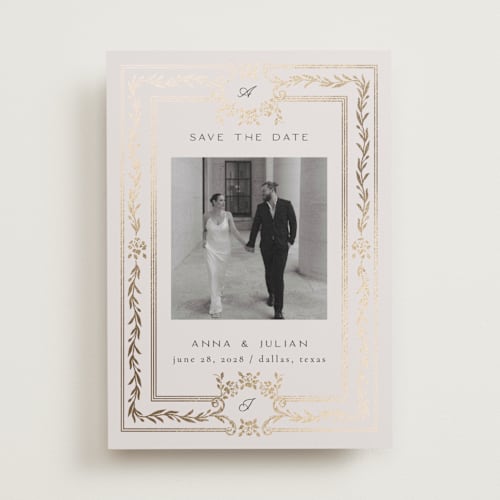 This is a silk foil stamped save the date cards with foil pressed by Ana de Sousa called olive elegance printing on recycled smooth signature in standard