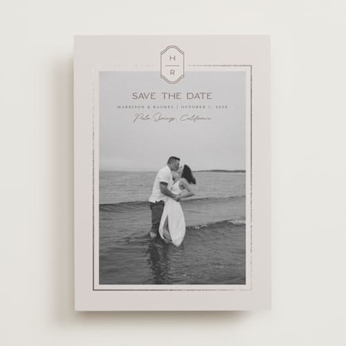 This is a dove foil stamped save the date cards with foil pressed by Rachelle Clarke called modern monogram printing on recycled smooth signature in standard