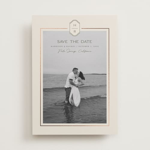 This is a olive foil stamped save the date cards with foil pressed by Rachelle Clarke called modern monogram printing on recycled smooth signature in standard