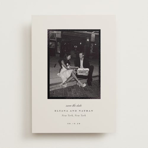 This is a cream foil stamped save the date cards with foil pressed by Sara Hicks Malone called classically yours printing on recycled smooth signature in standard