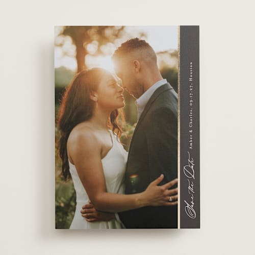 This is a charcoal foil stamped save the date cards with foil pressed by Jessica Williams called sideline printing on recycled smooth signature in standard