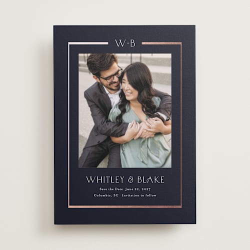 This is a ocean foil stamped save the date cards with foil pressed by Stacey Meacham called luster printing on recycled smooth signature in standard
