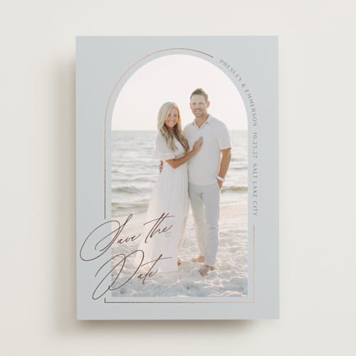 This is a sea glass foil stamped save the date cards with foil pressed by Susan Zinader called subtle shimmer printing on recycled smooth signature in standard