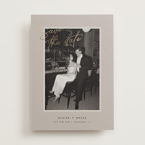 This is a taupe foil stamped save the date cards with foil pressed by Louise Kay called chic photo printing on recycled smooth signature in standard