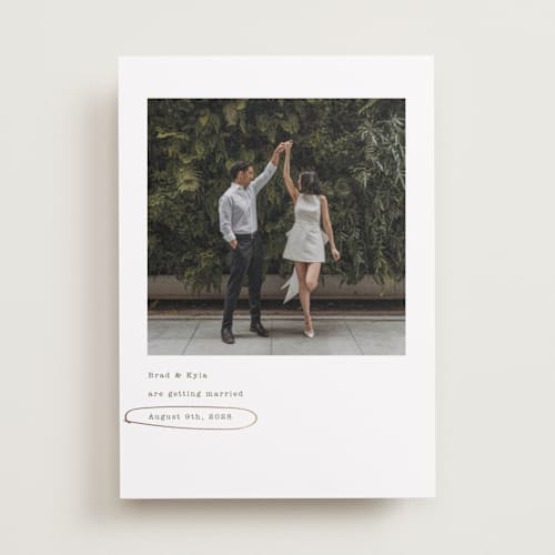 This is a lily foil stamped save the date cards with foil pressed by Baumbirdy called circled printing on recycled smooth signature in standard