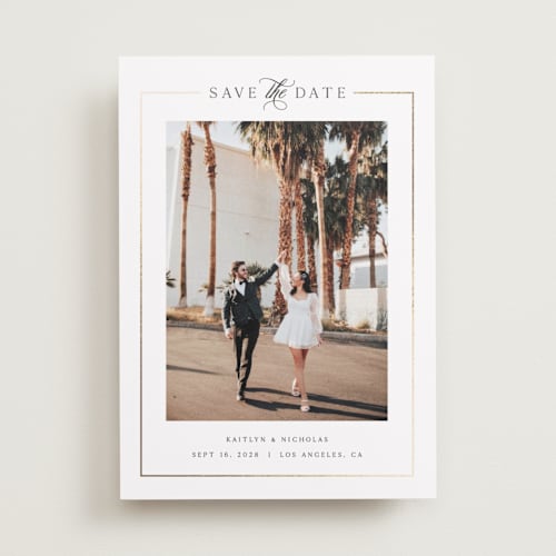 This is a pearl foil stamped save the date cards with foil pressed by Melanie Kosuge called mulholland printing on recycled smooth signature in standard