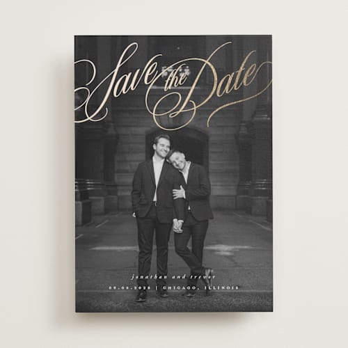 This is a powder foil stamped save the date cards with foil pressed by Stacy Maalouf called formal script printing on recycled smooth signature in standard