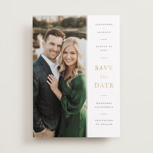 This is a chiffon foil stamped save the date cards with foil pressed by Ashley Rosenbaum called effortless printing on recycled smooth signature in standard