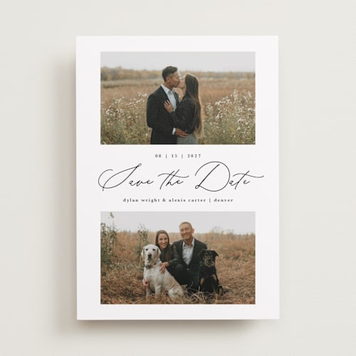 This is a onyx foil stamped save the date cards with foil pressed by Kate Ahn called bridge printing on recycled smooth signature in standard