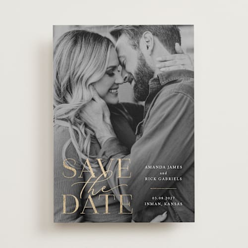 This is a snow foil stamped save the date cards with foil pressed by Deynaaz Daraei called viola printing on recycled smooth signature in standard