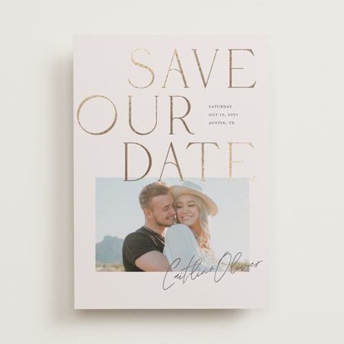This is a champagne foil stamped save the date cards with foil pressed by Summer Winkelman called styled printing on recycled smooth signature in standard