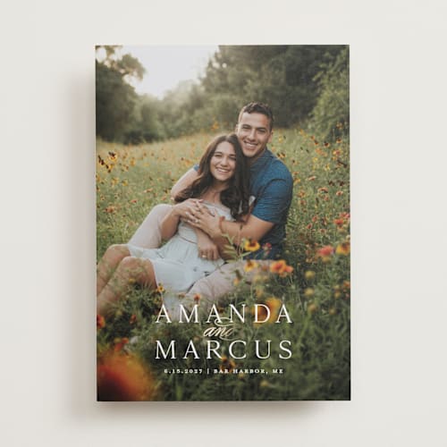This is a cream foil stamped save the date cards with foil pressed by Meagan Christensen called fields forever printing on recycled smooth signature in standard