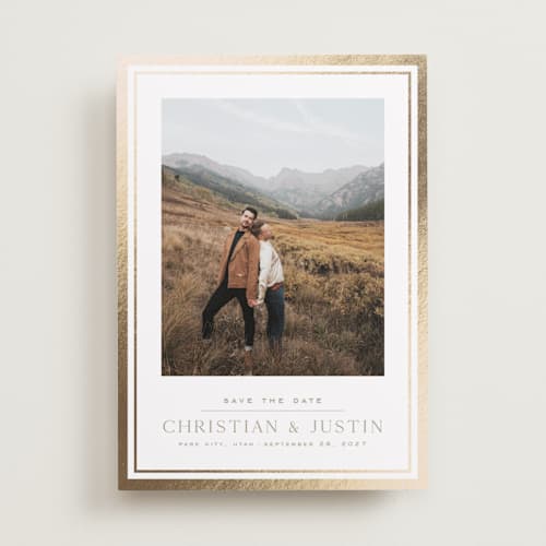 This is a cotton foil stamped save the date cards with foil pressed by Wildfield Paper Co called highline printing on recycled smooth signature in standard