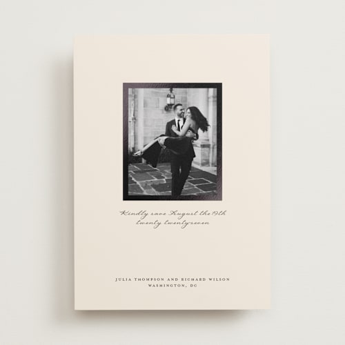 This is a champagne foil stamped save the date cards with foil pressed by mo kelley called frame printing on recycled smooth signature in standard