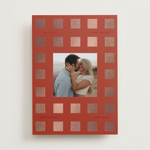This is a maroon foil stamped save the date cards with foil pressed by Baumbirdy called simple check printing on recycled smooth signature in standard