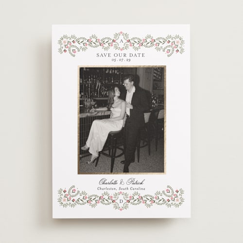 This is a peony foil stamped save the date cards with foil pressed by Susan Moyal called embrace printing on recycled smooth signature in standard