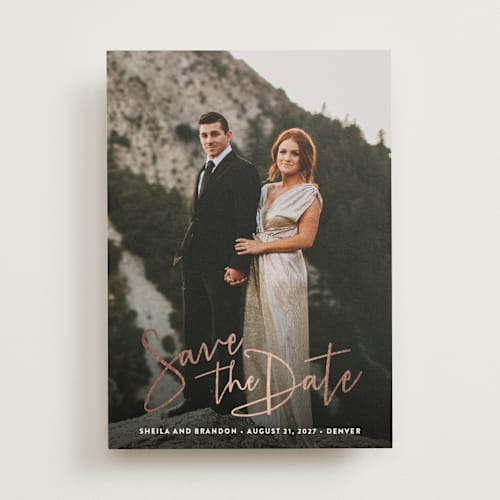 This is a cloud foil stamped save the date cards with foil pressed by Hooray Creative called stylish script printing on recycled smooth signature in standard